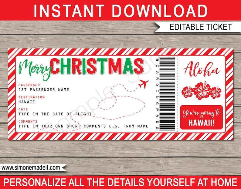 Hawaii Boarding Pass Christmas Gift Printable Ticket Etsy
