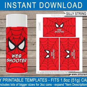 Spiderman Web Shooter Silly String Labels Printable Template - Superhero Birthday Party Game Activity Favor - Spider Web - INSTANT DOWNLOAD