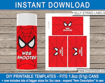 Spiderman Web Shooter Silly String Labels Printable Template - Superhero Birthday Party Game Activity Favor - Spider Web - INSTANT DOWNLOAD