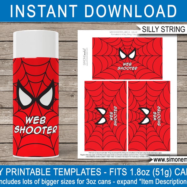 Spiderman Web Shooter Silly String Labels Printable Template - Superhero Birthday Party Game Activity Favor - Spider Web - INSTANT DOWNLOAD