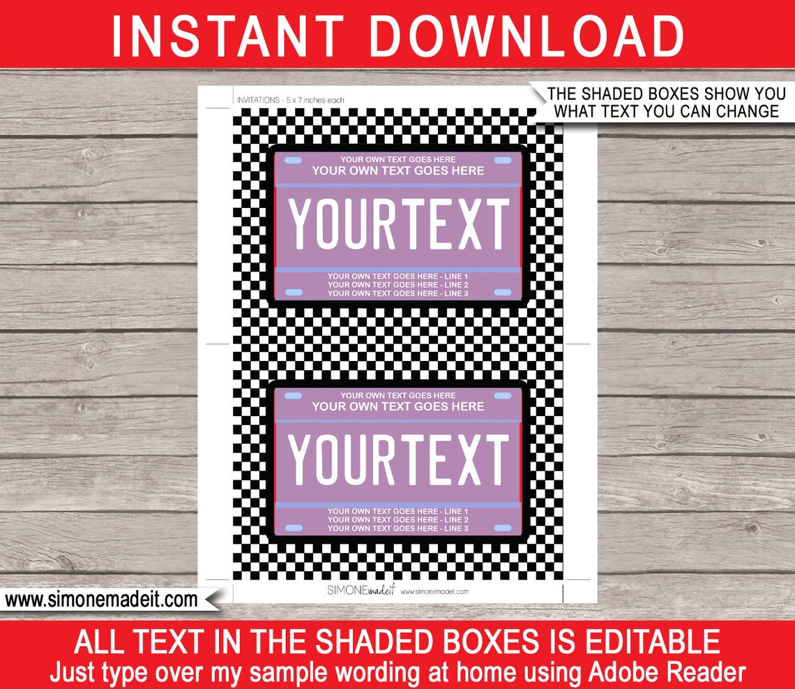 Race Car Invitation Template Printable License Plate - Etsy