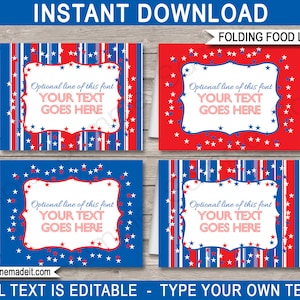 4th of July Food Labels Template - Printable July Fourth Theme Party Decorations - Place Cards - DIY EDITABLE TEXT