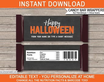 Halloween Candy Bar Wrapper Template - Printable Chocolate Labels - Class Favors, Classroom Gift, - INSTANT DOWNLOAD with EDITABLE text