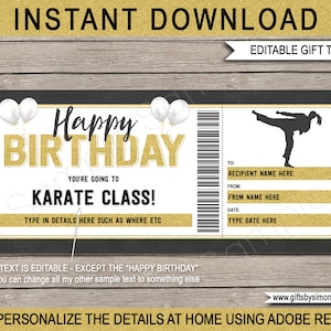 Geburtstag Karate-Lektionen Ticket Vorlage - Druckbare Geschenkgutschein Gutschein Coupon - Junge Mädchen Klasse - INSTANT DOWNLOAD - EDITIERBARER Text