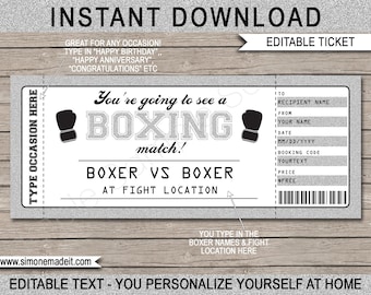 Printable Boxing Match Ticket: Editable Gift Voucher (Instant Download)