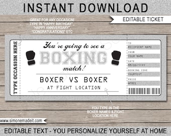 Printable Editable Boxing Gift Ticket Surprise Boxing Match Fight - Voucher Certificate template - Any Occasion - INSTANT DOWNLOAD you edit