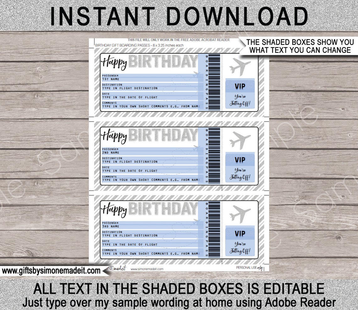 Birthday Gift Airplane Ticket Printable Boarding Pass | Etsy