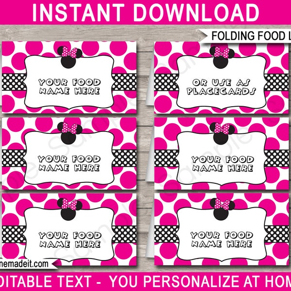 Minnie Mouse Food Labels Template - Printable Birthday Party Decorations - Buffet Tags - INSTANT DOWNLOAD - EDITABLE text