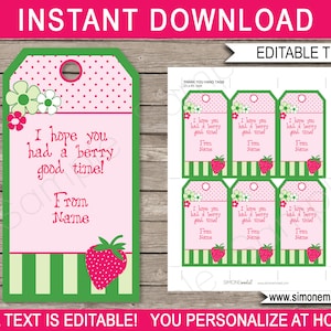 Strawberry Shortcake Favor Tags Template - Printable Birthday Party Thank You Tags - EDITABLE TEXT DOWNLOAD - you personalize  at home