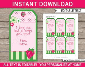 Étiquettes de faveur de shortcake aux fraises : anniversaire imprimable Merci (téléchargement de texte modifiable)