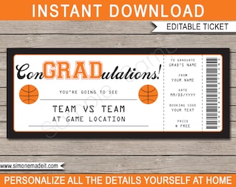 Basketball Game Ticket Graduation Gift - Surprise Ticket to a Basketball Game - Printable template - Grad Gift Voucher - EDITABLE text