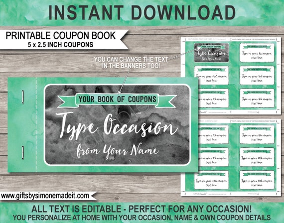 Coupon Book Template, Printable Personalized Coupons Gift Vouchers, Birthday Mom Dad Anniversary Him Her - INSTANT DOWNLOAD - EDITABLE text Il_570xn