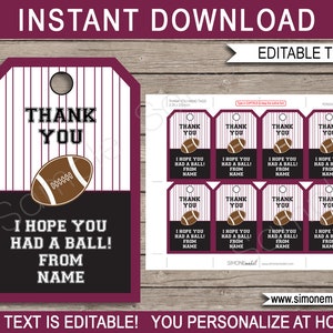 Football Favor Tags Template - Printable Thank You Tags - Team or Birthday Party Favors - black maroon - INSTANT DOWNLOAD - EDITABLE text