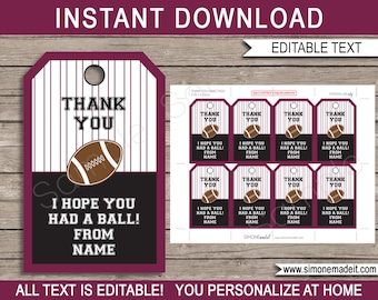 Football Favor Tags Template - Printable Thank You Tags - Team or Birthday Party Favors - black maroon - INSTANT DOWNLOAD - EDITABLE text