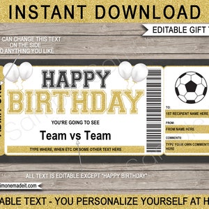 Soccer Ticket Template Birthday Gift Template - Printable Surprise Game Gift Voucher Certificate Card Coupon - EDITABLE TEXT DOWNLOAD