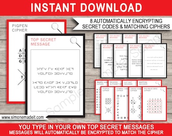 Spy Party Games - Secret Agent Party - 8 Secret Codes and Ciphers - INSTANT DOWNLOAD - Editable text - DIY kids activity - you personalize