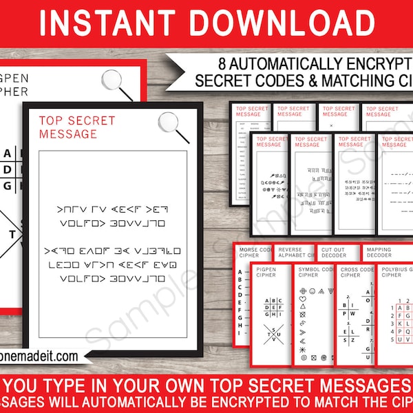 Spy Party Games - Secret Agent Party - 8 Secret Codes and Ciphers - INSTANT DOWNLOAD - Editable text - DIY kids activity - you personalize
