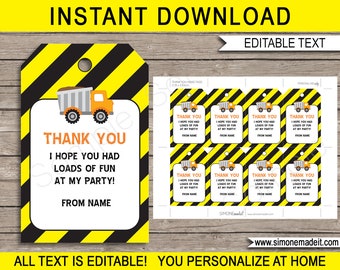 Construction Favor Tags Template - Printable Birthday Party Thank You Tags - Dump Truck Theme - EDITABLE TEXT DOWNLOAD - you personalize