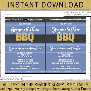 May include: A printable BBQ invitation template with editable text fields. The design features a chalkboard background with blue and gold accents. The text includes "BBQ" in gold glitter and instructions for customization.