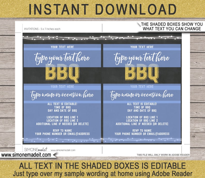 May include: A printable BBQ invitation template with editable text fields. The design features a chalkboard background with blue and gold accents. The text includes "BBQ" in gold glitter and instructions for customization.