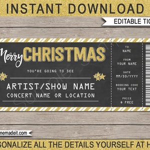 Kerstshow Ticket Cadeausjabloon - Afdrukbaar certificaat, voucher voor een concert, optreden, band - INSTANT DOWNLOAD - BEWERKBARE tekst