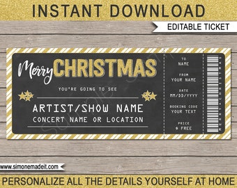 Può includere: Un biglietto di Natale nero e oro con la scritta "Merry Christmas" in un carattere festivo. Il biglietto include campi per l'artista, il nome dello spettacolo e altri dettagli. Le parole "Download istantaneo" e "Biglietto modificabile" sono in alto.