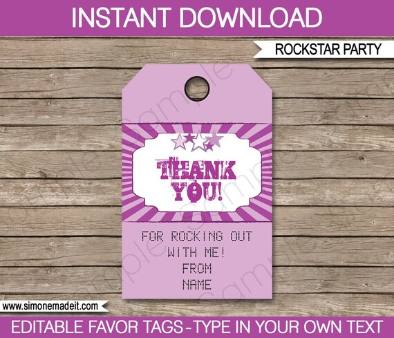 Rock Star Birthday Party Favor Tags Printable Template - Thank You Tags - Karaoke Concert Theme - INSTANT DOWNLOAD with EDITABLE text Il_570xn