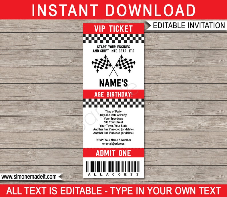 Race Car Party Ticket Invitation Template Racing Car Etsy