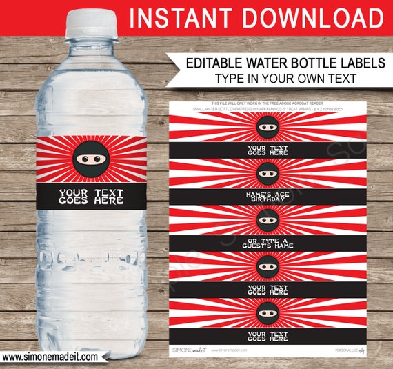 Ninja Party Water Bottle Labels Template Printable Ninja Theme Birthday  Party Decorations Wrappers EDITABLE TEXT DOWNLOAD 