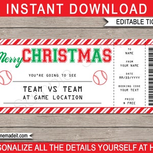 Baseball Game Ticket Template - Druckbares Weihnachtsgeschenkgutschein Zertifikat - Überraschungskarte für ein Spiel - INSTANT DOWNLOAD - EDITIERBARER Text