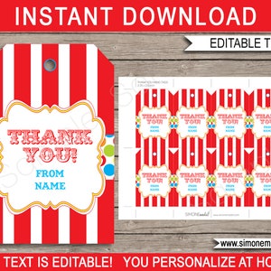 Carnival Favor Tag Templates - Printable Birthday Party Favors - Thank You Tags - Circus Theme - INSTANT DOWNLOAD - EDITABLE Text