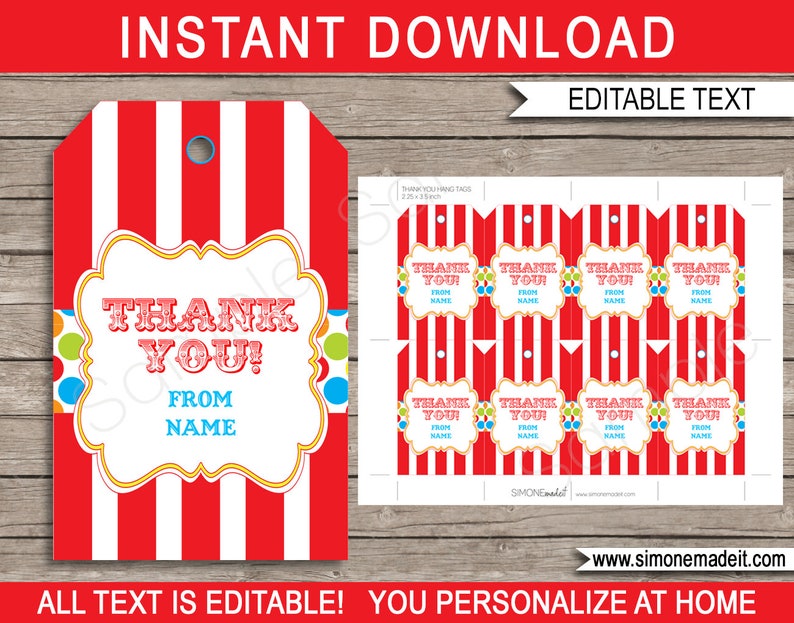 Carnival Favor Tag Templates - Printable Birthday Party Favors - Thank You Tags - Circus Theme - INSTANT DOWNLOAD - EDITABLE Text