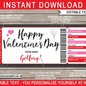 Valentine&#39;s Day Golf Game Certificate Template - Printable Gift Voucher Pass Coupon Ticket - Play a round of golf - INSTANT DOWNLOAD