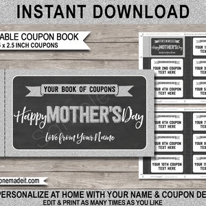 Printable Mother&#39;s Day Coupon Book Template - Personalized Mothers Day Gift Vouchers - Silver Glitter - INSTANT DOWNLOAD with EDITABLE text