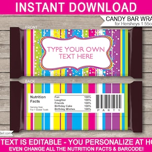Colorful Candy Bar Wrappers Template - Printable Birthday Party Favors - Chocolate Labels - EDITABLE TEXT DOWNLOAD - you personalize at home