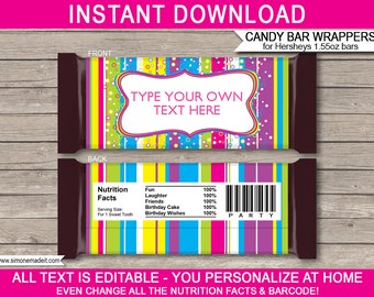 Colorful Candy Bar Wrappers Template - Printable Birthday Party Favors - Chocolate Labels - EDITABLE TEXT DOWNLOAD - you personalize at home