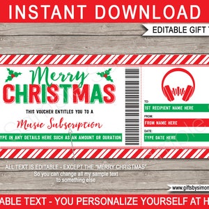 Musik-Streaming-Abo-Geschenkgutschein-Gutscheinvorlage - Benutzerdefinierte Weihnachtskarte - DJ - INSTANT DOWNLOAD mit bearbeitbarem Text