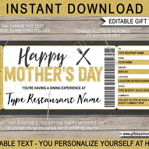 Muttertag Restaurant Gutschein Gutschein druckbare Vorlage, Geschenk einer Nacht, Abendessen, SOFORTIGER DOWNLOAD mit EDITIERBARE Text