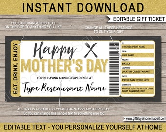 Mothers Day Restaurant Gift Voucher Certificate Ticket Printable Template, Gift of a Night Out, Dinner, INSTANT DOWNLOAD with EDITABLE text