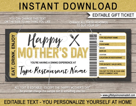 mothers day restaurant gift voucher certificate ticket printable template gift of a night out dinner instant download with editable text by simonemadeit catch my party