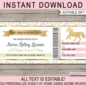 Modèle de coupon de cours d'équitation - bon cadeau imprimable pour toute occasion - pochette incluse - texte modifiable à faire soi-même en téléchargement