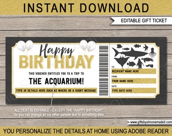 Könnte beinhalten: Editierbarer druckbarer Geschenkgutschein mit einem schwarzen und weißen Aquarium-Motiv. Der Gutschein lautet "Happy Birthday" in goldenen Glitzerbuchstaben und "Dieser Gutschein berechtigt Sie zu einem Ausflug ins Aquarium!" Der Gutschein bietet Platz zum Ausfüllen des Namens des Empfängers, des Namens des Gebers und des Datums.