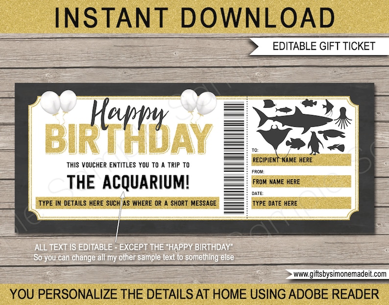 Aquarium Ticket Template Printable Birthday Gift Voucher - Etsy