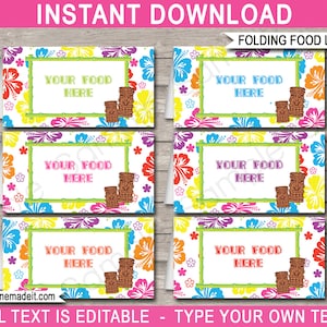 Luau Food Labels - Luau Theme Party - Buffet Tags - Placecards - Printable Party Decorations - INSTANT DOWNLOAD with EDITABLE text
