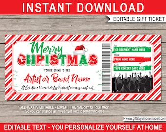 Christmas Concert Ticket Template - Printable Surprise Rock Concert, Performance, Artist, Band Gift Voucher - INSTANT DOWNLOAD text EDITABLE