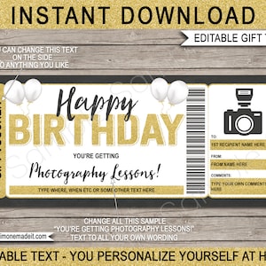 Lecciones de fotografía Vale de regalo Plantilla Certificado Boleto - Experiencia de cumpleaños imprimible - Cupón de regalo con foto - Texto EDITABLE DESCARGAR