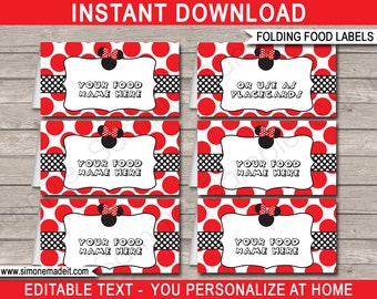 Peut inclure: Etiquettes alimentaires pliables imprimables avec un motif de pois rouge et blanc et une silhouette noire de Minnie Mouse. Les étiquettes indiquent "Votre nom de nourriture ici" et "Ou utiliser comme cartes de place".