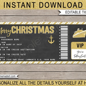 Weihnachtskreuzfahrtticket Geschenkvorlage - Printable Bordkarte - Surprise Cruise Reveal - Chalkboard Gold - SOFORTIGER DOWNLOAD, EDITIERBARER Text