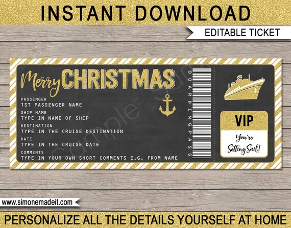 Christmas Cruise Ticket Gift - Printable Boarding Pass - Surprise Cruise - Chalkboard Gold Glitter - INSTANT DOWNLOAD with EDITABLE text Il_570xn