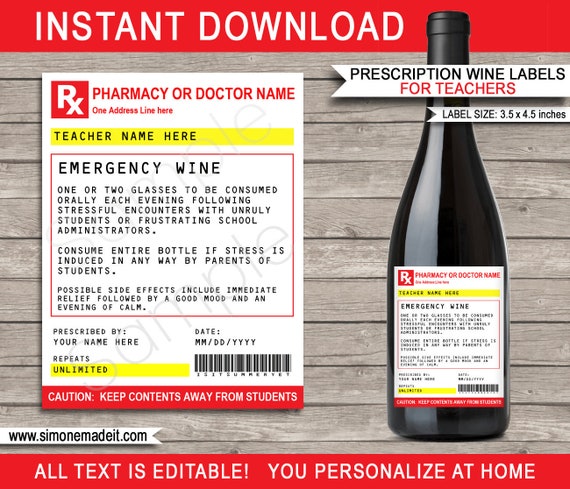 Teacher Wine Bottle Labels Printable Rx Prescription Template for School, Teacher, Principal ...